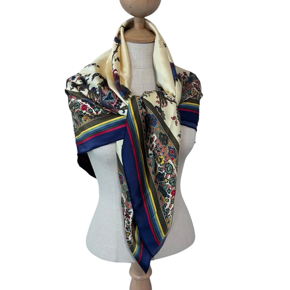 Floral Paisley Square Silk Feel  Scarf in Ivory & Navy